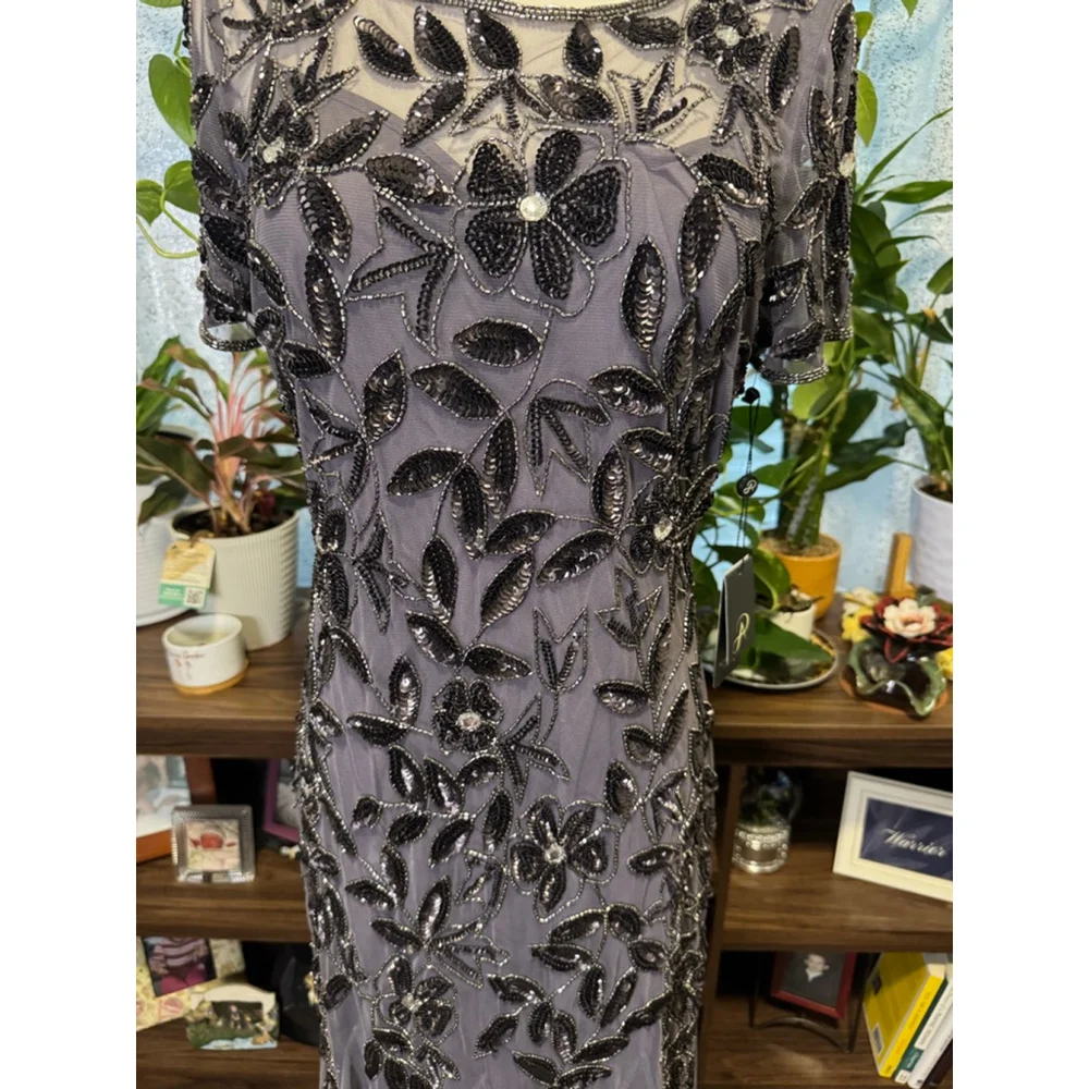 Women's Adrianna Papell Beaded Moonscape Maxi Dress US 6 Grey Black - Picture 3 of 13